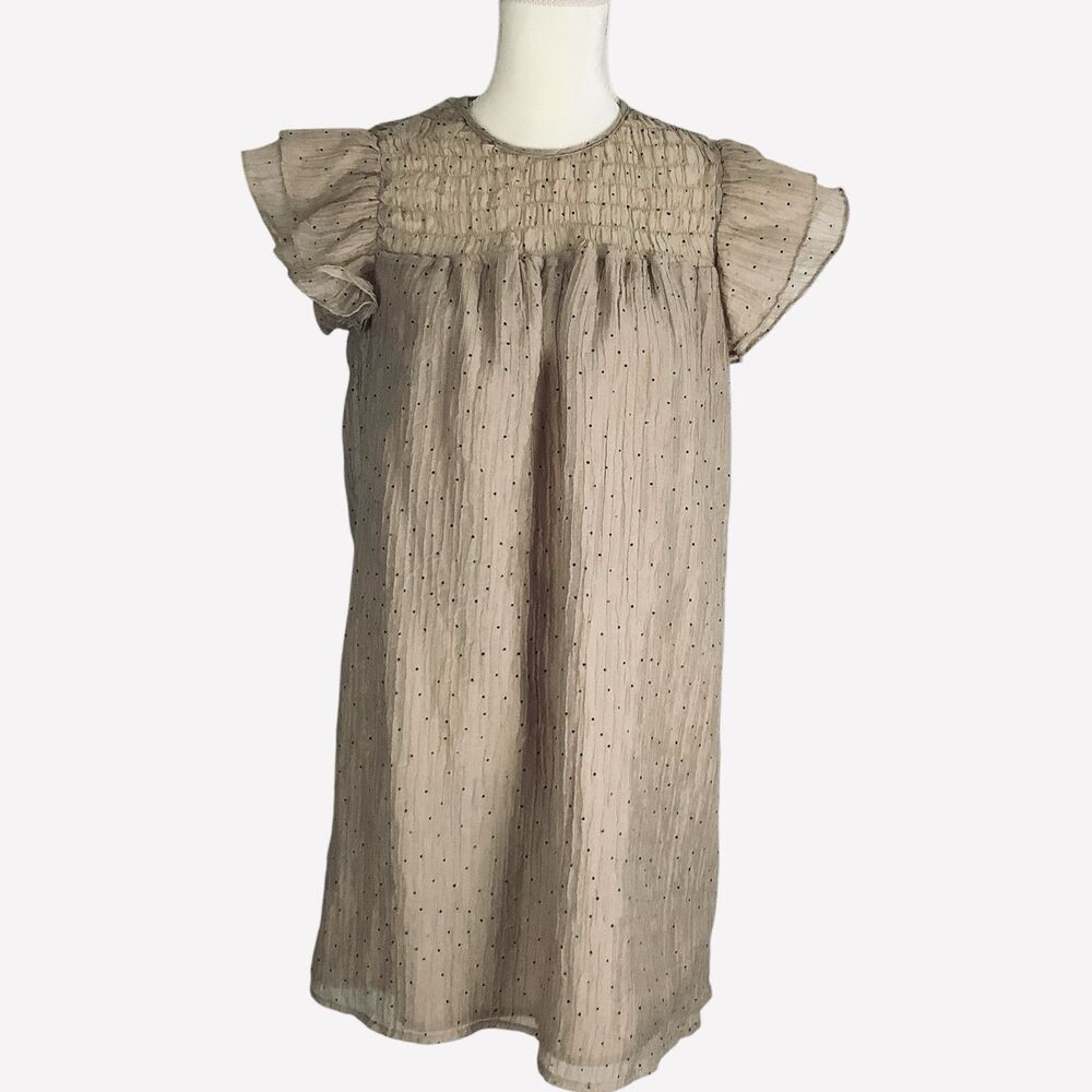 Women M Smocked Flutter Sleeve Mini Knee Dress Tan Dot Sheer Chifon Kawaii Fairy